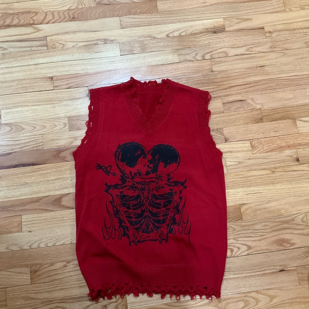 Red Sleeveless Sweater with Skull Design
